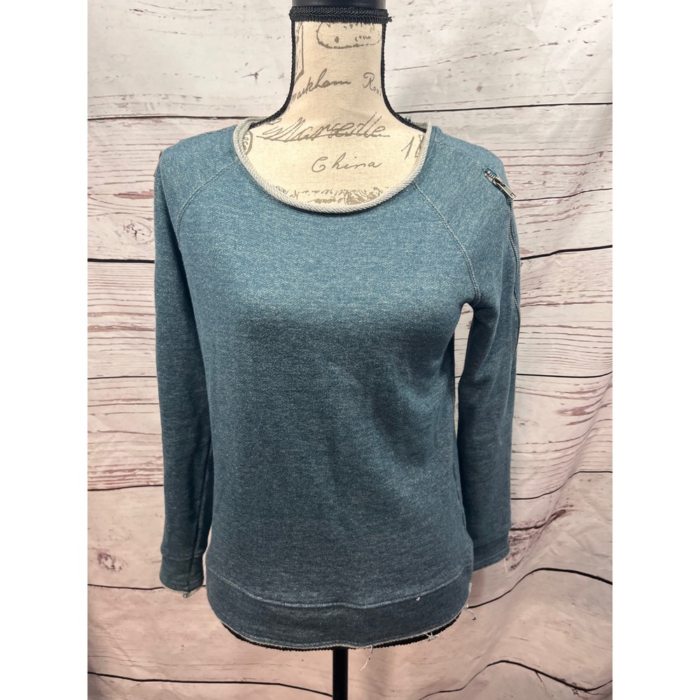 Rock & Republic Blue Heathered Shoulder Zip Raw Edge Sweatshirt XS